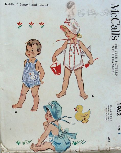 McCall's 1962 | Vintage Sewing Patterns | FANDOM powered by Wikia Bonnet Sewing Pattern, Toddler Beach, 1950s Sewing Patterns, Patron Vintage, Play Suit, Bonnet Pattern, Childrens Sewing Patterns, Fabric Sewing Patterns, Vintage Toddler