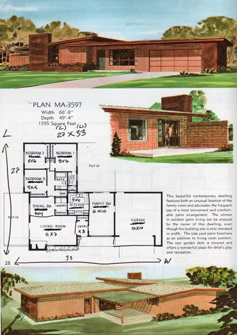 1950s Mid Century Modern Home Exterior, Small Mid Century House, Mid Century Modern Floor Plans, Mid Modern House, Mid Century House Plans, Vintage Floor Plans, Mid Century Modern House Plans, Modern House Floor Plans, Modern Floor Plans