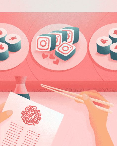 Sushi Conveyor Belt, Sushi Drawing, Food Lettering, Social Media Campaign Design, Media Consumption, Illustration Example, Graphic Design Letters, Preppy Stickers, Conveyor Belt