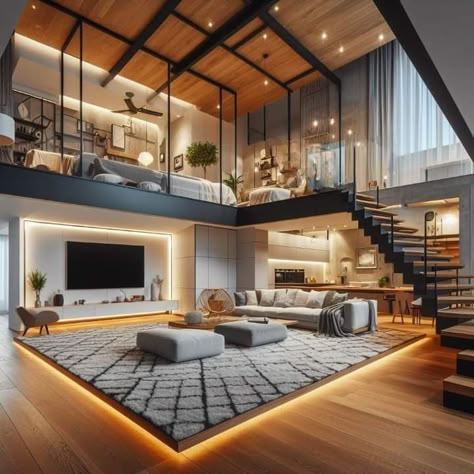 Duplex House Inside Design, Duplex Flat Apartments, Duplex Design Interiors, Loft Homes, Open Space Living Room, Mezzanine Bed, Japanese Apartment, Loft House Design, Wooden Living Room