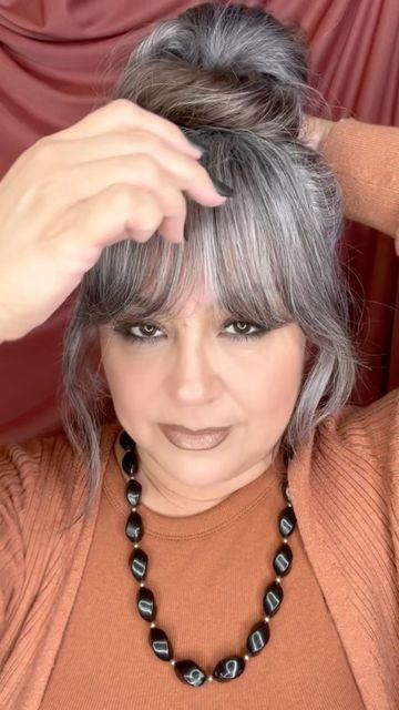 Grey Hair With Curtain Bangs, Grey Curtain Bangs, Grey Hair With Fringe, Salt And Pepper Hair With Bangs, Grey Hair Bangs, Grey Hair Fringe, Gunmetal Hair, Gray Hair With Bangs, Faux Bangs