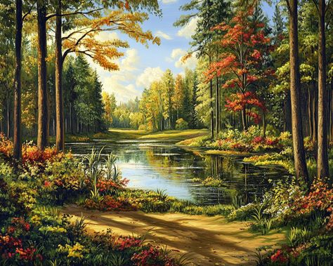 Beautiful Pond Lake Landscape Autumn Trees oil painting 10x8 Print On Canvas Sunset Over Lake Painting, Beautiful Landscapes Paintings Acrylics, Lake Oil Painting, Autumn Landscape Painting, Beautiful Pond, Oil Painting Trees, Landscape Autumn, Beautiful Landscape Paintings, Pond Painting