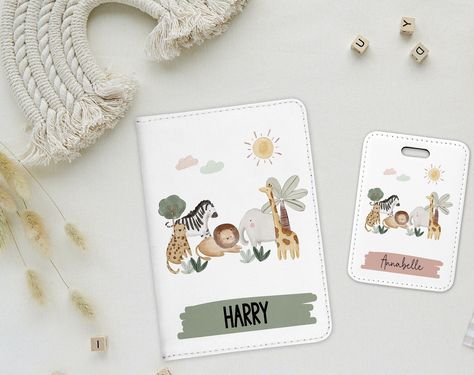 Personalised Kids Passport Cover, Jungle Safari Animals, Childs First Passport, Child Birthday Gift, Luggage Tag, New Baby Gift by PetiteSourisUK on Etsy Baby Passport, Passports For Kids, Jungle Safari Animals, Animals Illustration, Mexico Trip, Passport Holders, School Birthday, Sack Bag, Image Name