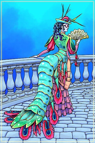 You can't tell if the exoskeleton is part of her or her clothes, and I'll never reveal which! All you need to know is that this humanoid version of a peacock mantis shrimp is rocking 1880s bustle fashion. Shrimp Character, Shrimp Costume, Bustle Fashion, Peacock Mantis Shrimp, Mantis Shrimp, Art Account, Oak Forest, Seed Of Life, Water Art