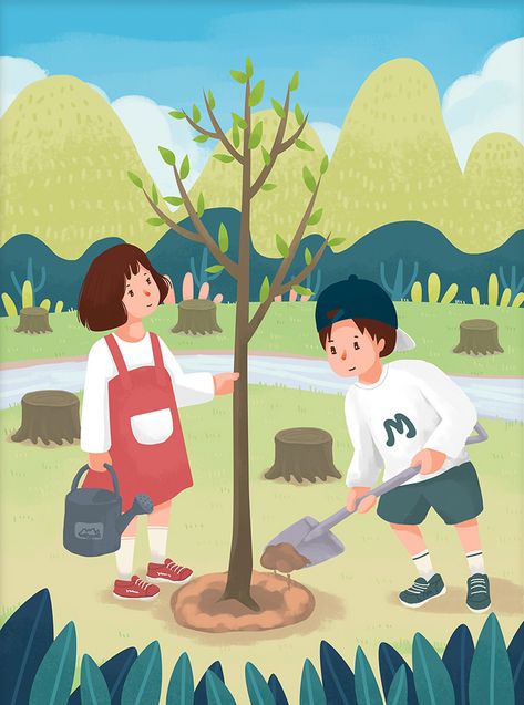 Protect The Ecological Environment Cartoon Students Planting Trees And Fresh Illustrations#pikbest# Good Environment Drawing, Planting Trees Poster, Planting Trees Illustration, Protect Environment Art, Planting Trees Drawing, Tree Planting Poster, Green Drawing Ideas, Environment Images, Agriculture Pictures