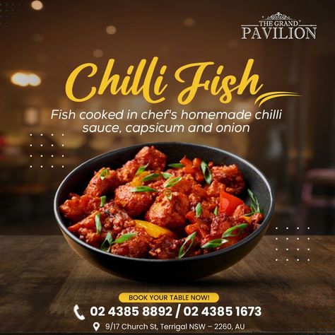 Fish cooked in chef's homemade chilli sauce, capsicum and onion. Order online! Homemade Chilli Sauce, Chilli Fish, Homemade Chilli, Dental Advertising, Chilli Sauce, Chicken Wings, Order Online, Chef, Sauce