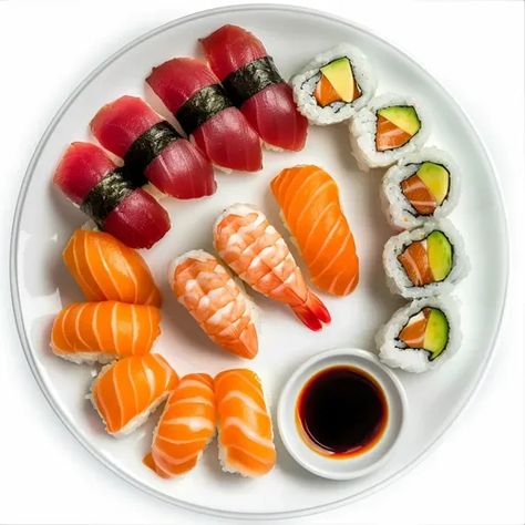 ↑↑↑ Larger size on website 🔸 A white plate is filled with a variety of sushi, including nigiri, maki, and sashimi. There are six  🔸 From Midjourney AI Image Sushi Nigiri, Nigiri Photography, Sushi Nigiri Aesthetic, Inari Sushi Aesthetic, Nigri Sushi, Exploration Art, Nigiri Sushi, Islamic Holidays, Sushi Plate