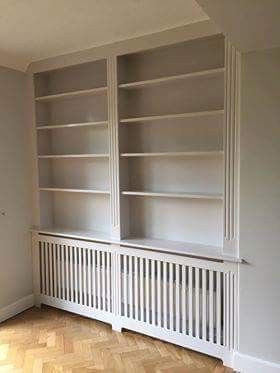 Radiator In Bookcase, Fitted Shelves Living Room Bookcases, Bookshelves Over Radiator, Shelving Above Radiator, Seating In Front Of Radiator, Bookshelf Over Radiator, Radiator Storage Ideas, Built Ins Around Radiator, Over Radiator Storage