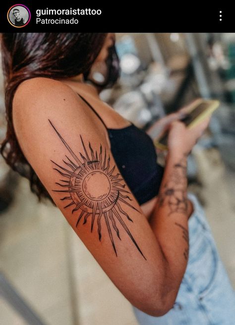 Sun Tattoo Sleeve Women, Unique Boho Tattoos, Upper Arm Sun Tattoo, Collar Bone Sun Tattoo, Vintage Sun And Moon Tattoo, Indian Aesthetic Tattoo, Hawaiian Themed Tattoos, Sun Art Tattoo, Tattoos To Get On Vacation