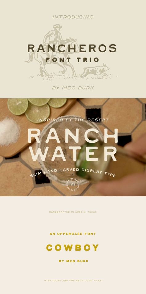 Rancheros - Western Font Trio by Meg Burk Western Typography Design, Rustic Graphic Design Inspiration, Western Canva Fonts, Western Font Pairings, Western Packaging Design, Modern Western Graphic Design, Rustic Design Graphic, Western Website Design, Fancy Graphic Design