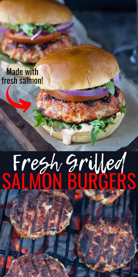 Fresh Grilled Salmon Burgers are a delicious burger for seafood lovers! This salmon burger is homemade made with fresh salmon! Salmon Burger Sauce, Handmade Burgers, Healthy Salmon Burgers, Grilled Salmon Burgers, Fish Burgers, Salmon Burger Recipe, Chili Burger, Fish Dinners, Salmon Burger