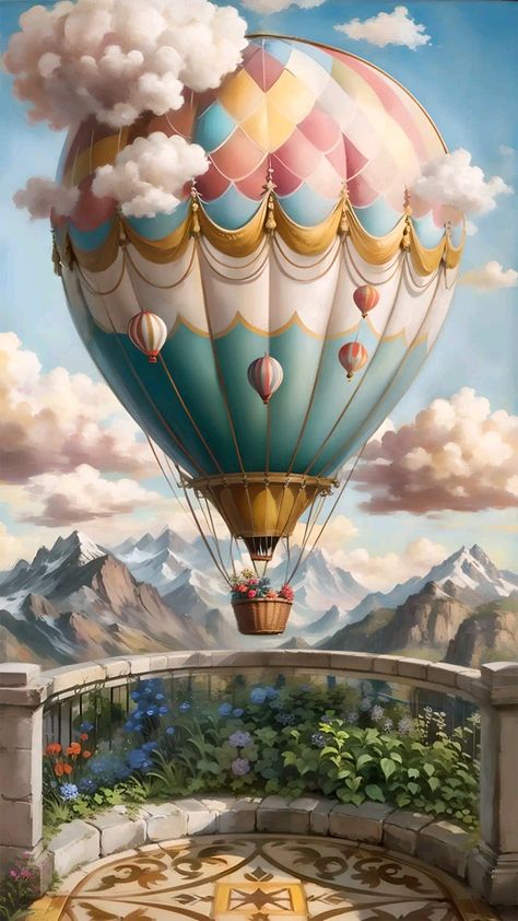 Whimsical Hot Air Balloon, Hot Air Balloon Art, Air Balloon Art, Hot Air Balloons Art, Blue Sky Wallpaper, Balloons Photography, Tarot Cards For Beginners, Balloon Illustration, Balloon Painting