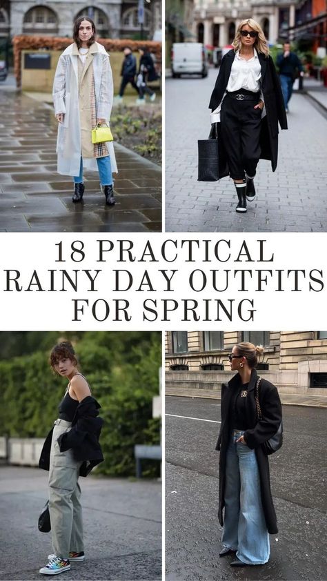 Rainy Day Outfit Ideas for Spring Rain Boots Outfit Spring, Cute Rainy Day Outfit Spring, Rainy Spring Outfit, Raining Day Outfit, Rainy Day Outfit Casual, Rainy Day Outfit For Spring, Rainy Day Outfits, Rain Boot Outfit, Raincoat Outfit