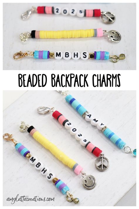 Beaded Backpack Charms - Amy Latta Creations Backpack Charms Diy, Beaded Backpack, School Spirit Crafts, Backpack Charms, Craft Market Display, Diy Backpack, Backpack Keychains, Diy Letters, Bead Charms Diy