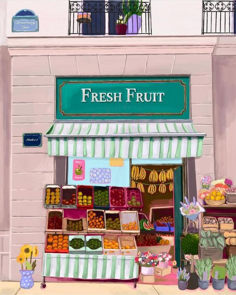 THEY DRAW…Food! | Illustration by @rebeccaelizabethdraws — What could be better than a fresh fruit market stand tucked inside a pink building? Thanks to… | Instagram Fruit Stall Drawing, Draw Food, Market Stands, Travel Art Journal, Missing Something, Fruit Shop, Fruit Stands, Interior Illustration, Pink Highlights