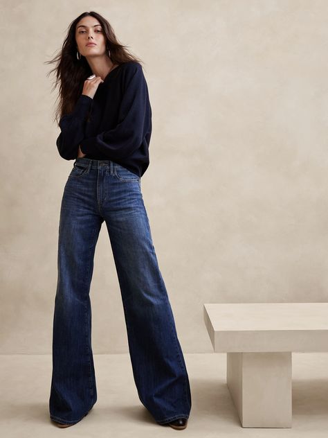 The Puddle Jean | Banana Republic Wide Leg Jeans Outfit, Wide Legged Jeans, Stretch Denim Fabric, How To Hem Pants, Mode Inspo, Wide Leg Denim, Denim Fabric, Wide Leg Jeans, Modest Fashion