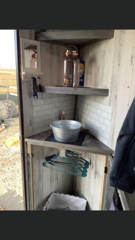 Gooseneck Trailer Interior, Cargo Trailer Bathroom Ideas, Bumper Pull Horse Trailer Tack Room, Small Horse Trailer Remodel, Bumper Pull Living Quarters, Horse Trailer Tack Room Conversion, Bumper Pull Horse Trailer Conversion, Diy Horse Trailer Remodel, Horse Trailer Tack Room Ideas