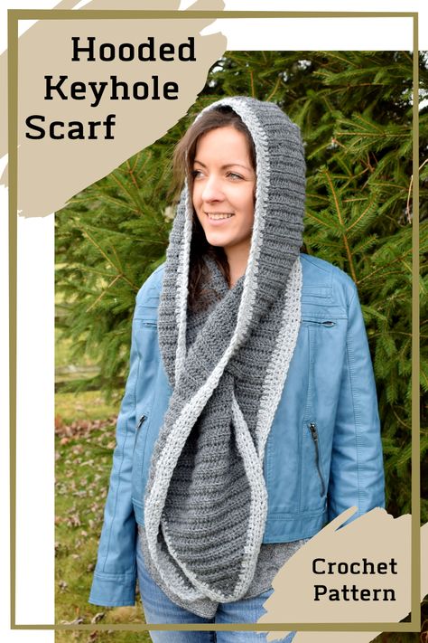 This beginner friendly free crochet pattern uses 4 basic stitches.  Working in the back loop only of the stitches creates a beautiful textured look to the scarf.  This hooded scarf has an awesome pull through feature that uses a keyhole.  You'll need 2 colors of Lion Brand Wool-Ease yarn for this design. | #crochet #crochetscarf #crochethood #freecrochetpattern #crochetscarfpattern #lionbrandyarn Crochet Hooded Scarf Patterns, Crochet Snood Scarf, Easy Crochet Hooded Scarf, Crochet Hooded Scarf Pattern Free Easy, Crochet Hat And Scarf Set Pattern Free Easy, Hooded Crochet Scarf, Crochet Hat And Scarf Sets Free Patterns, Crochet Keyhole Scarf Free Pattern, Keyhole Scarf Crochet Pattern Free