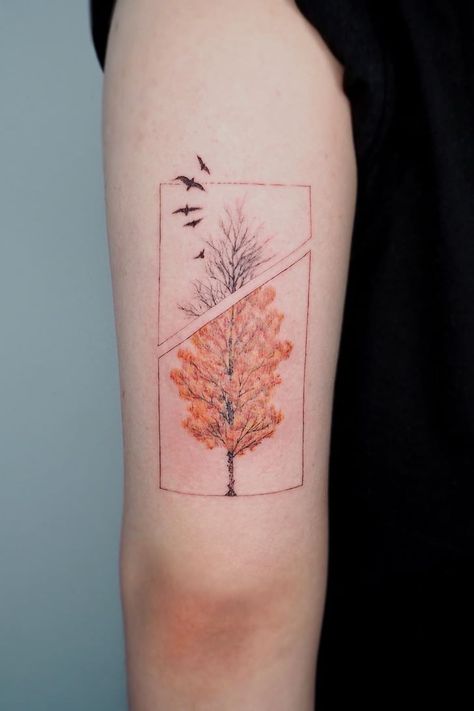 20 Fall-Inspired Tattoo Ideas Free Fall Tattoo, Maple Tree Tattoos, Acorn Tattoo, Fall Leaves Tattoo, Fall Tattoo, Winter Tattoo, Autumn Tattoo, Theme Tattoo, Most Popular Tattoos