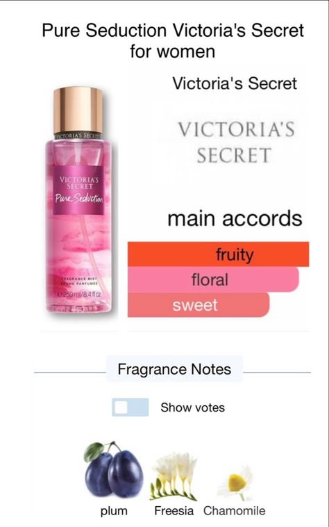 Pure Seduction Combo, Rating Victoria Secret Perfumes, Smell Fruity, Vs Pure Seduction, Vs Pure Seduction Body Mist, Victoria Secret Romantic Perfume, Plum Fragrance, Victoria Secret Scents, Victoria Secret Perfume Love Spell