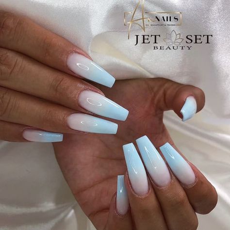 Ombre Nails White And Blue, Milky Light Blue Nails, Blue And White Ombre Nails Acrylic, Blue And White Ombré Nails, Blue Milky Nails, Blue White Ombre Nails, White And Blue Ombre Nails, Baby Blue Ombre Nails, Light Blue Ombre Nails