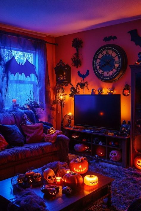 Want to add Halloween spirit to your living room? Whether you’re hosting a party or just celebrating the season, the right decorations can make a big impact. Here are 21 … Halloween Theme Living Room, Halloween Party Living Room, House Decorations Living Room, Halloween Vintage Art, Halloween House Decorations, Lights In Bedroom, Vintage Halloween Aesthetic, Living Room Halloween, Room Decor Halloween