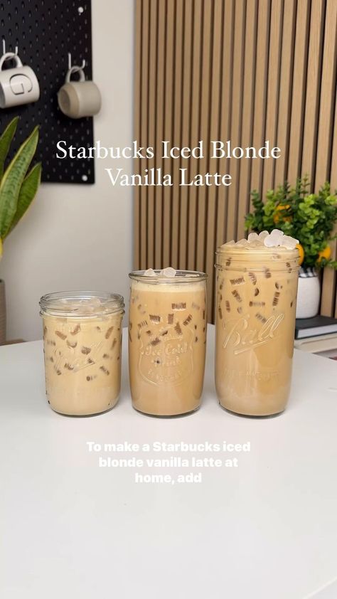 Starbucks Iced Blonde Vanilla Latte 🤌🏽 Easy peasy to recreate at home!! These ratios are the same for any Starbucks latte (just switch up the syrup), as well as their mochas! Just add whipped cream on top for a mocha/white mocha🤍 Comment “BLONDE” and I’ll DM you the full written recipe with all my blonde espresso recommendations 🫶🏽 How To Make Starbucks Drinks At Home Iced Coffee, French Press Iced Coffee Recipes, Drinks To Make With Vanilla Syrup, Starbucks Blonde Vanilla Latte Recipe, Homemade Starbucks Iced Coffee, White Mocha Latte Recipe, Drinks With Syrup, Caffeinated Drinks To Make At Home, Iced Coffee Recipe Starbucks At Home