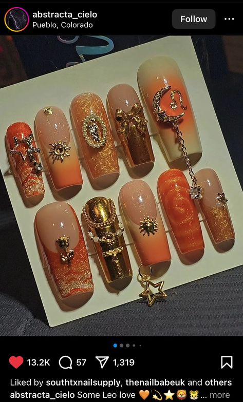 Taurus Acrylic Nail Designs, Jhene Aiko Nail Ideas, Leo Themed Nails, Saggitarius Nail Ideas, Jhene Aiko Nails, Leo Inspired Nails, Scorpio Nail Art, Leo Season Nails, Virgo Nail Art