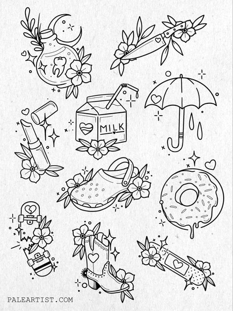 Flash Tattoos Flash Art Tattoos, Tattoo Apprenticeship, Petit Tattoo, Kunst Tattoos, Magic Tattoo, Flash Tattoo Designs, Tattoo Flash Sheet, Doodle Tattoo, Cute Little Tattoos