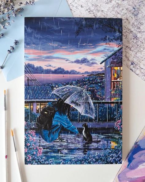 Unique Canvas Painting Ideas Acrylic, Studio Ghibli Acrylic Painting, Lofi Painting Acrylic, Ghibli Acrylic Painting, Disney Landscape Painting, Anime Scenery Painting Acrylic, Watercolor Painting, Easy Canvas Painting, Landscape Art Painting