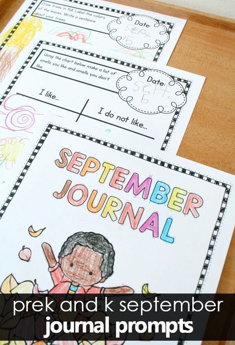 Writing Journal Prompts for September-Preschool and Kindergarten. September pack includes seasonal prompts covering 5 Senses, Fall, Apple, Leaf, and Pumpkin themes as well as some general nonseasonal prompts via @shaunnaevans Preschool Reading Activities, Kindergarten September, Kindergarten Journals, September Writing, September Preschool, Preschool Journals, Kindergarten Writing Prompts, Preschool Reading, Writing Prompts For Kids