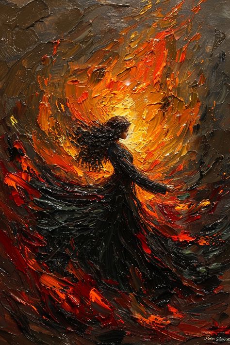 Letting my imagination run wild. A visual journey through my mind. #oilpainting #art #painting #artwork #fineart #canvas Dramatic Art Painting, Woman On Fire Art, Fire Painting Aesthetic, Art Representing Growth, Figurative Art Woman, Powerful Paintings, Painting Freedom, Silhouette Paintings, Photography Tricks