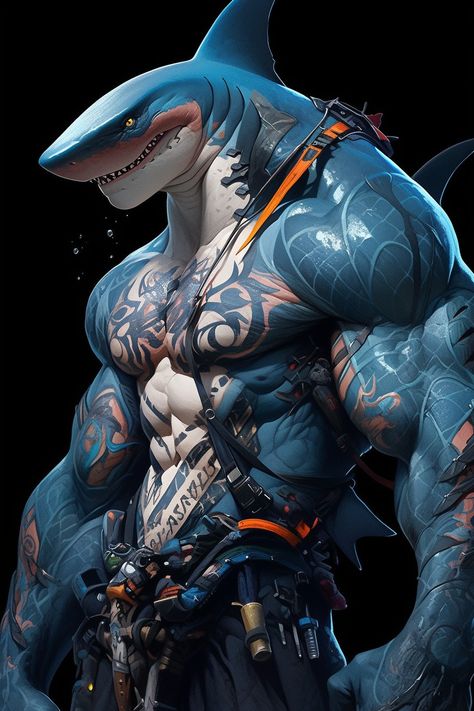 Wereshark Pirate, Shark People Art, Shark Warrior, Shark Monster Art, Monster Shark Fantasy Art, Shark Art, Sharks, Anime, Art