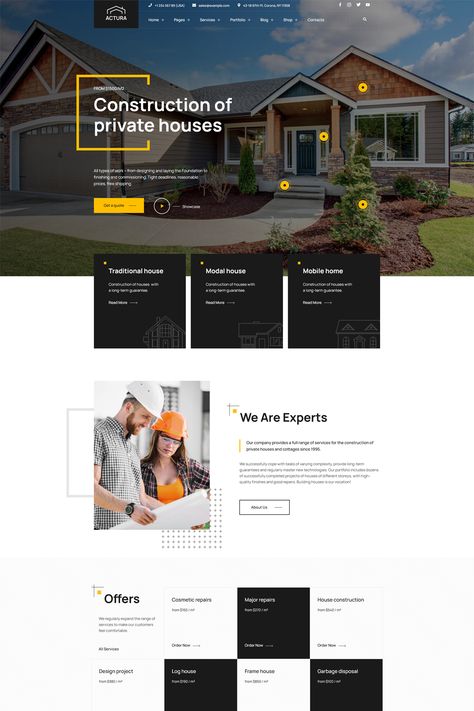 The "Actura Construction WordPress Theme" is a comprehensive and specialized solution tailored for construction companies, contractors, architectural firms, and related businesses. With its modern design and extensive features, this theme offers a powerful platform for showcasing construction projects, architectural designs, and connecting with potential clients seeking construction and architectural services. Website Design Construction Company, Roofing Company Website Design, Home Remodeling Website Design, Builders Website Design, Building Website Design, Construction Website Design Inspiration, Contractor Website Design, Construction Company Website Design, Architecture Website Design