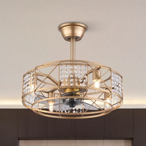 20" Gold Caged Farmhouse Crystal Ceiling Fan Light - Bed Bath & Beyond - 36040518 Crystal Ceiling Fan With Light, Bedroom Fan Light Fixtures, Fancy Ceiling Fan, Elegant Ceiling Fan, Fan Light Covers, Vintage Ceiling Fans, Light Bed, Art Deco Ceiling Light, Living Room Ceiling Fan