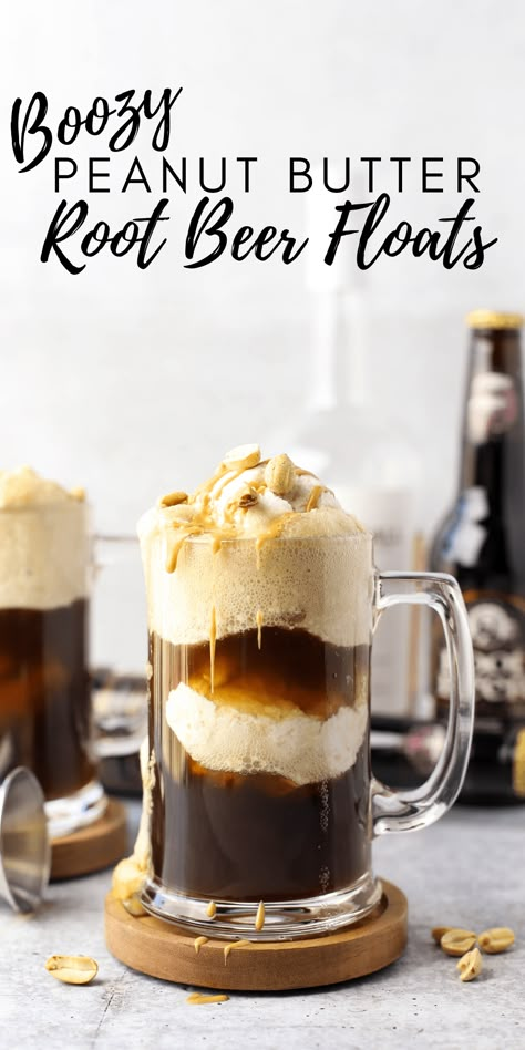 Boozy Peanut Butter Root Beer Floats | Simply Made Recipes Peanut Butter Swirl Ice Cream, Apocalypse Food, Peanut Butter Whiskey, Swirl Ice Cream, Root Beer Floats, Boozy Cupcakes, Frozen Drink Recipes, Whiskey Recipes, Alcoholic Desserts