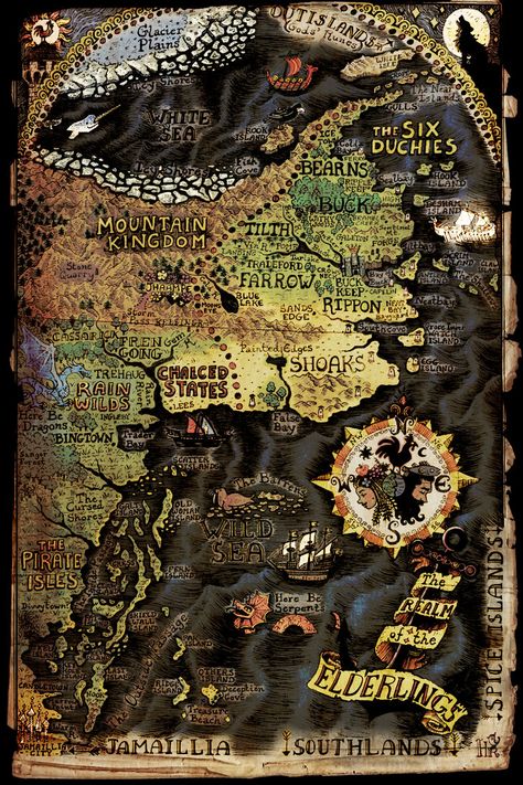 Realm of Elderlings map Fitzchivalry Farseer Art, The Realm Of The Elderlings, Realm Of The Elderlings, Robin Hobb Books, Royal Assassin, Book Maps, Farseer Trilogy, Books Fanart, Fantasy Genre