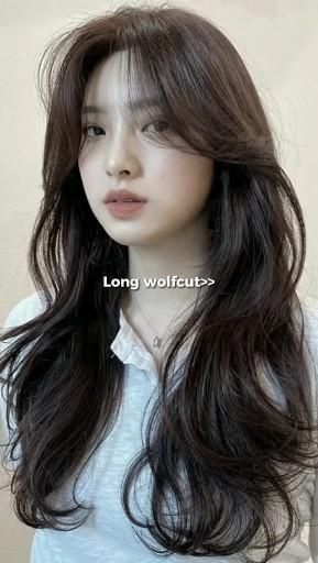 #hairstyleideas Simple Wolfcut, Korean Haircut Ideas For Long Hair, Wolf Cute Hair Long, K Drama Haircut, Wolf Haircut For Long Hair, Japanese Layered Haircut Medium, Hush Cut Long Hair Straight, Wolf Cut Hair Long Style, Wolf Cut Hair Long Curtain Bangs