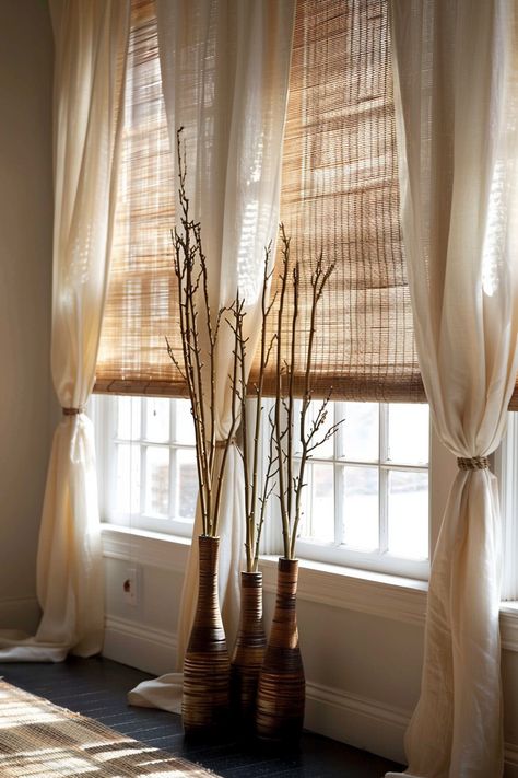 blinds-and-curtains-together Framed Windows With Curtains, Landing Window Dressing, Swag Valance Ideas, Interior Design Living Room Curtains, Curtain Blinds Living Room, Curtains With Radiator Under Window, Two Curtains One Window, Curtain Ideas For Dining Room, Little Window Curtains Ideas