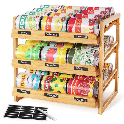 PRICES MAY VARY. 【3 Layer Large Capacity】Stores up to 36 cans (15 oz standard size), keeps your cans neatly arranged and easily visible so you always know what you have. Product Size—15.7''W x 12.5''D x 15.3"H, Minimum Space Needed—15.8''W*13.6''D*17.2"H 【Sturdy Bamboo】Made of natural and renewable bamboo, safe and durable, smooth polished, no sagging or shaking like metal or plastic when fully loaded, simple assembly required 【Label Classification】Comes with 18 x black labels stickers & 1 x whi Organizer Pantry, Can Rack, Pan Storage, Pantry Organizers, Shelving Racks, Can Storage, Apartment Organization, Pantry Shelf, Label Sticker