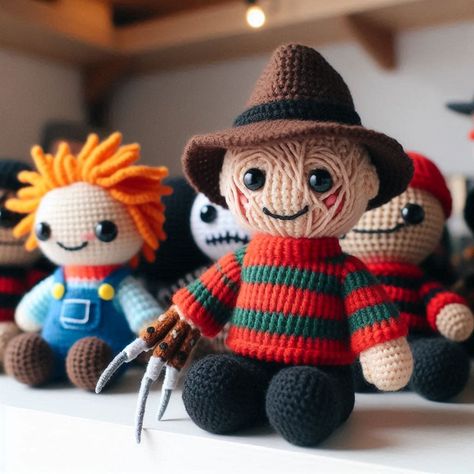 Freddy Krueger AmigurumiCreate a spooky Freddy Krueger amigurumi with this crochet pattern! Perfect for horror fans and Halloween Freddy Krueger Amigurumi Free Pattern, Free Pennywise Crochet Pattern, Gremlin Crochet Pattern Free, Freddy Krueger Crochet Pattern, Crochet Freddy Krueger Pattern Free, Crochet Horror Free Pattern, Horror Movie Crochet Patterns Free, Beetlejuice Crochet Pattern Free, Freddy Krueger Crochet