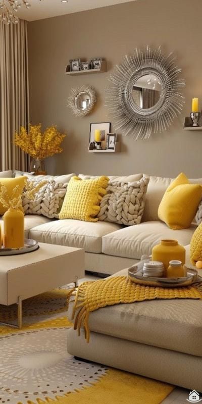 living room decor, living room storage, living room tv wall, living room ideas, living room wall decor, living room decor, small living room ideas 611573244 #livingroomideas Yellow And Gold Living Room, Beige And Yellow Living Room, Grey And Mustard Living Room Ideas, Yellow And Brown Living Room, Yellow Apartment Decor, Beige Sofa Living Room Color Schemes, Yellow Couch Living Room Ideas, Sala Beige, Blue White Living Room