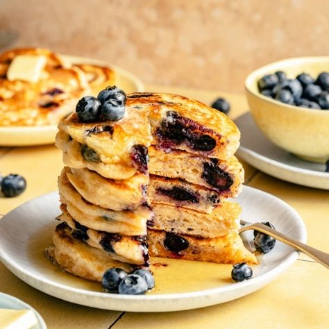 Grandma's Buttermilk Blueberry Pancakes | Ambitious Kitchen Ambitious Kitchen Recipes, Oatmeal Protein Pancakes, Fluffy Blueberry Pancakes, Buttermilk Blueberry, Blueberry Buttermilk Pancakes, Yogurt Pancakes, Ambitious Kitchen, Blueberry Pancakes, Banana Oatmeal