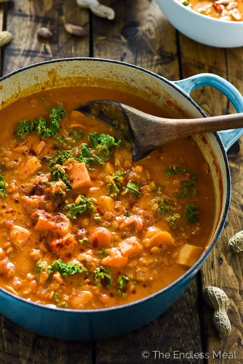 Coconut Red Lentil Peanut Soup | This hearty West African soup is easy to make and incredibly delicious. It makes the perfect Meatless Monday dinner. | theendlessmeal.com | #vegan African Soup, Peanut Soup Recipe, Monday Dinner, Meatless Monday Dinner, Peanut Soup, Lentil Recipes, Red Lentil, Lentil Soup, Meatless Monday