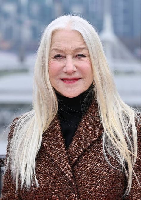 Helen Mirren Long Hair, Old Women With Long Hair, Long Grey Hair Older Women, Older Women Long Hair, Long Hair Over 60 Aging Gracefully, Aging Gracefully Hair, Long Gray Hair Over 50, Helen Mirren Hair, Long Grey Hair