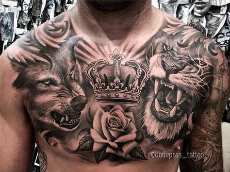 I95 Tattoo, Chest Tattoo Wolf, Chest Piece Tattoos Mens, Chest Tattoo Wings, Chest Tattoo Sketches, Lion Chest Tattoo, Full Chest Tattoos, Tiger Tattoo Sleeve, Heaven Tattoos