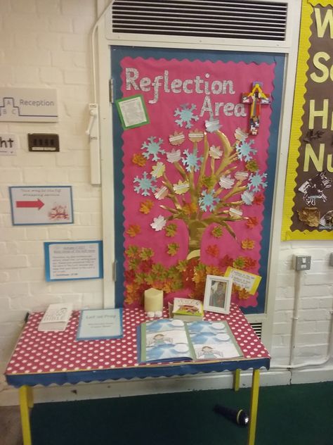 reception class reflection area reflection table reflection tree eyfs foundation stage classroom re Reflection Corner Classroom, Reflection Area Classroom, Eyfs Areas, All About Me Eyfs, Kids Church Rooms, Reception Class, Space Classroom, School Prayer, Prayer Station