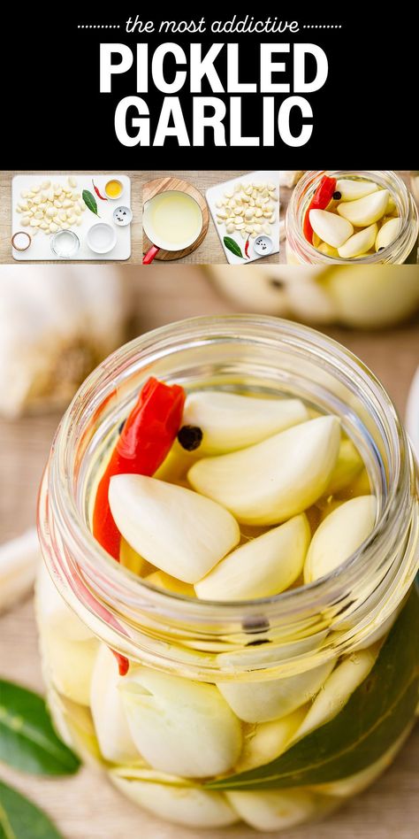 This easy pickled garlic recipe is so quick and yummy! All you need are garlic cloves, vinegar, salt and bay leaf. Pickle Garlic, Mediterranean Appetizers, Canned Foods, Garlic Recipe, Pickled Garlic, Refrigerator Pickles, Raw Garlic, Pickled Veggies, Pickled Vegetables