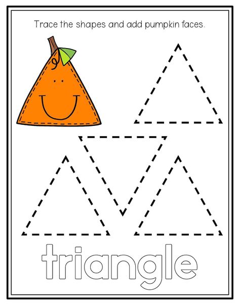 Pumpkin Shape Tracing - Preschool Mom Pumpkin Shape Tracing, Pumpkin Tracing Worksheet, Triangle Shape Worksheets For Preschool, Triangle Worksheet Preschool, Triangle Preschool Activities, Triangle Crafts Preschool, Pumpkin Tracing, Shapes Activities Preschool, Triangle Printable