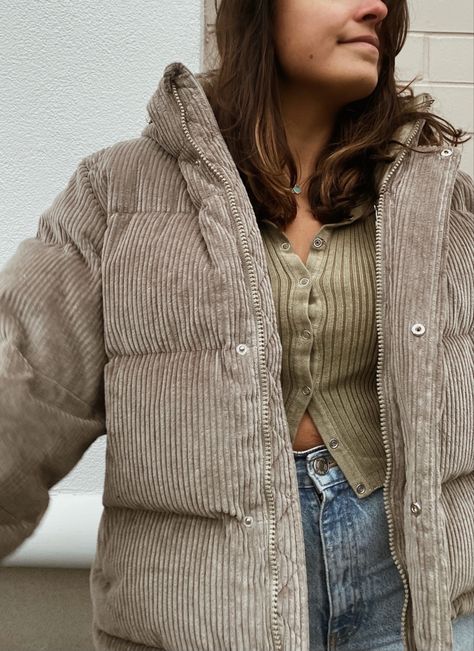 corduroy jacket vintage feel aritzia super puffer jacket basil green olive green Corduroy Puffer Jacket Outfit, Puffer Jacket Outfit Women, Corduroy Puffer Jacket, The Super Puff, Aritzia Jacket, Super Puff, Puffer Jacket Outfit, Jacket Outfit Women, Corduroy Jacket